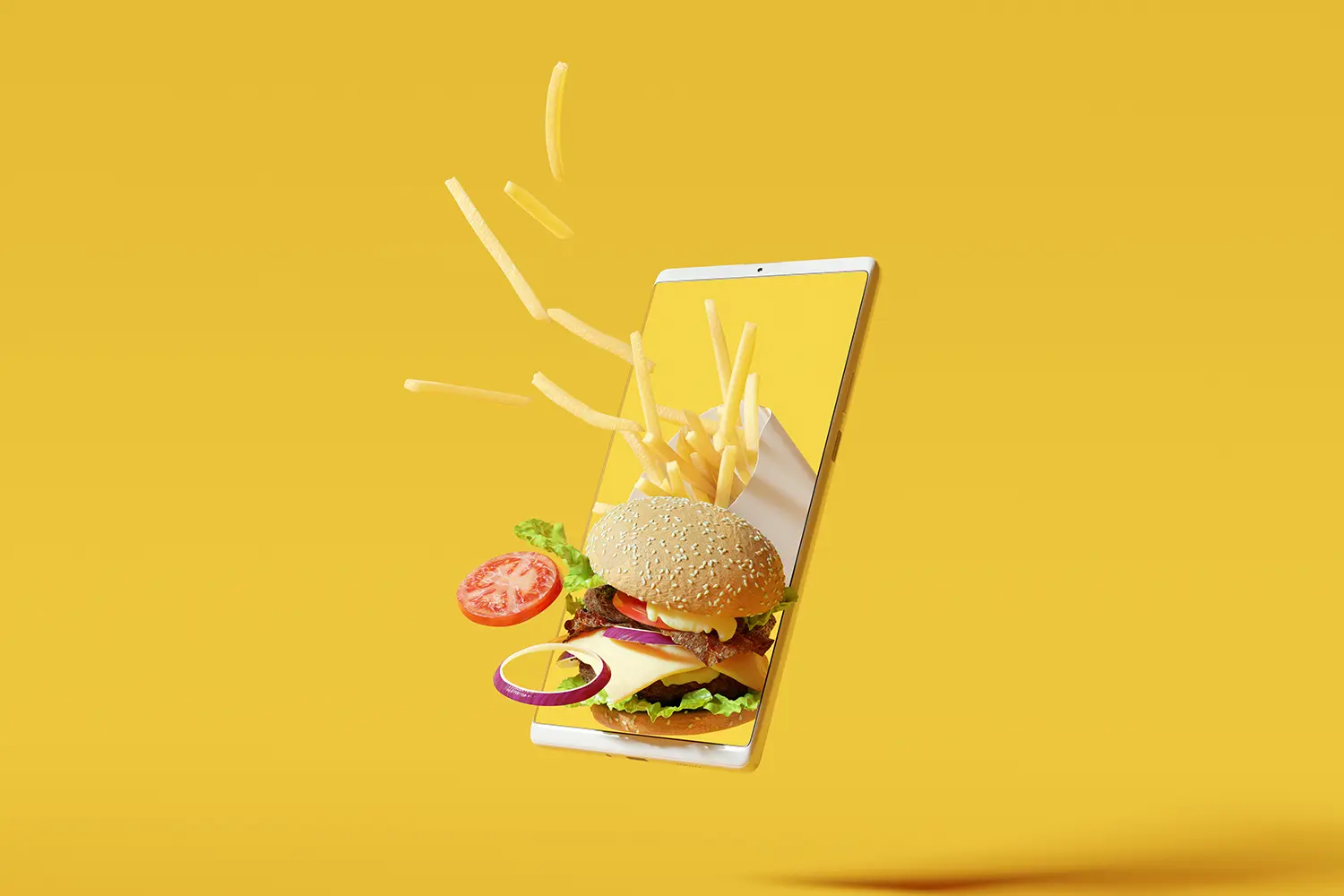 Online food delivery. Hamburgers and french fries fly on smartphone on yellow background. 3d rendering